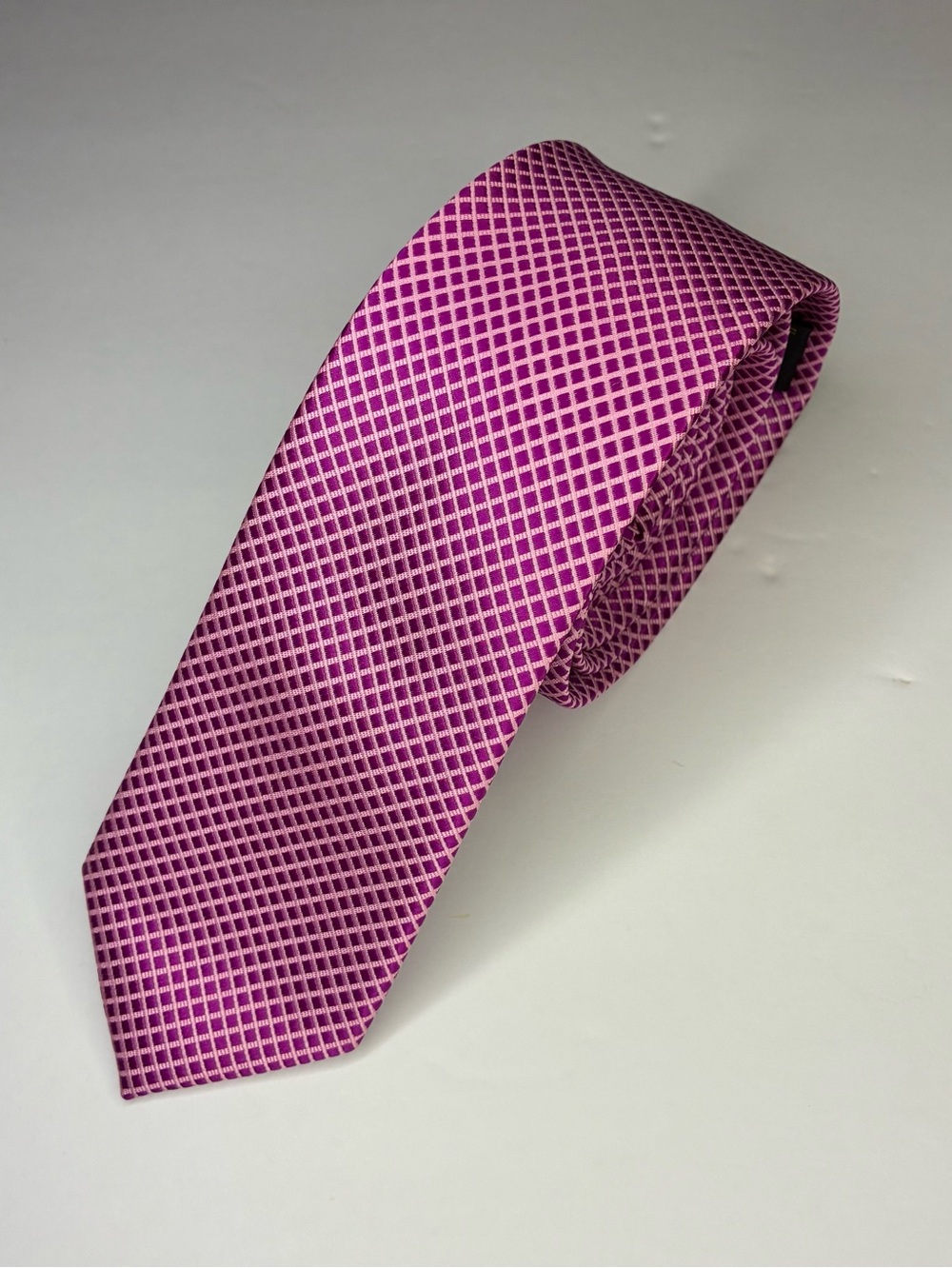 Kai Long Mens Tie Hot Pink Geometric Check Grid 100% Silk Handmade Formal Busine